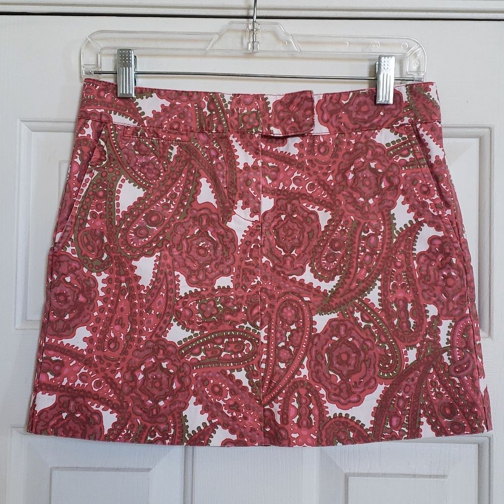Vintage J.Crew Paisley Cotton Mini Skirt Red Pink Size 2 Pockets - Picture 2 of 13